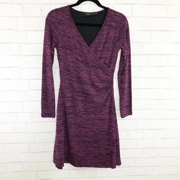 Prana Nadia V Neck Long Sleeve Faux Wrap Dress Purplish Black Space Dye, XS - Picture 1 of 7